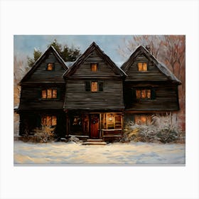 Salem Witch House in the Snow - Oil Painting Winter Witches Scene Witchy Art Print - Salem Witch Trials Halloween Samhain Yule Candlelight Spooky Vintage New England Canvas Print