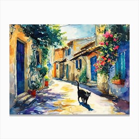 Limassol, Cyprus   Cat In Street Art Watercolour Painting 3 Canvas Print