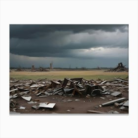 A Post Apocalyptic Landscape With Debris And Remnants Of Buildings Against A Stormy Sky, Creating A Sense Of Destruction And Desolation Canvas Print