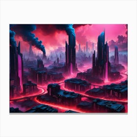 Cyberpunk industrial city with lava and river 3 Canvas Print