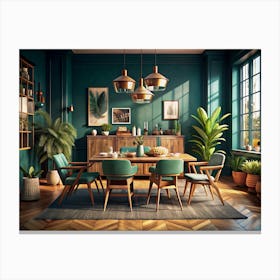 Elegant Dining Room With Green Walls And Wooden Accents 1 Canvas Print