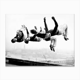 Backflipping on Roof, Back and White Vintage Old Photo Canvas Print