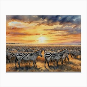 Vast Horizons, Vibrant Life Herd Of Zebras At Sunset Canvas Print