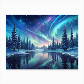 Aurora Borealis Reflected In A Winter Lake Canvas Print