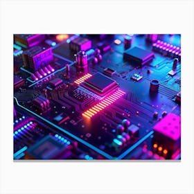 A Close Up, Neon Lit View Of A Computer Circuit Board With A Glowing Cpu And Other Components, Highlighting Technological Details Canvas Print