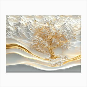 3d Relief White and Gold Wave, 3d Gold Tree Landscape Canvas Print