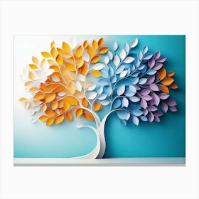 Colorful Tree With Leaves On Hanging Branches Of Blue, White And Golden 5 Canvas Print