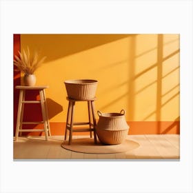 Two Wicker Baskets And A Stool Stand Against A Yellow Wall Canvas Print