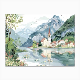 Swiss Alps Lake Landscape Watercolour Canvas Print