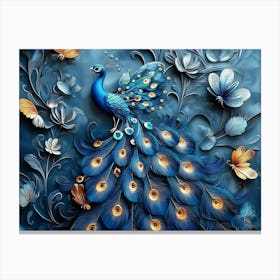 3d Blue Peacock Art with Butterfly Canvas Print