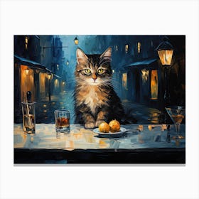 Cat And Cafe Terrace At Night Van Gogh Inspired 10 Canvas Print