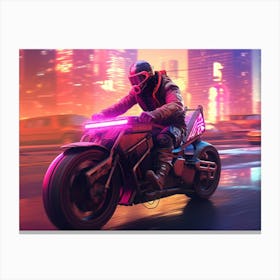Cyberpunk biker riding a sleek, futuristic motorbike Canvas Print