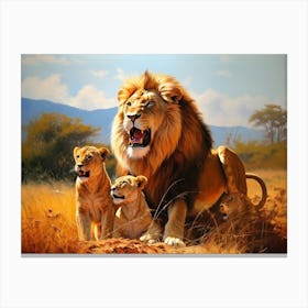 African Lion With Cubs Realism Painting 2 Canvas Print
