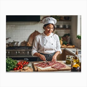 Candid Shot Of A Sophisticated Female Chef Just Slicing Up The Buttery Raw Bacon For A Tasting Ital (4) Canvas Print