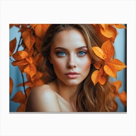 Artistic portrait beautiful woman blue eyes behind orange autumn leaves 2 Canvas Print