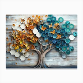 Fantasy 3d On Wooden Oak with White Lattice Tiles, Tree with Kaleidoscopic Leaves 1 Canvas Print