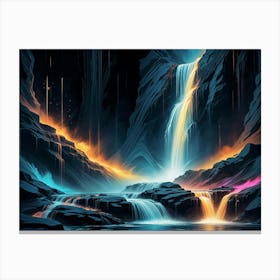 Abstract Landscape Featuring A Waterfall Cascading Down A Cliff Face With Glowing, Colorful Lights, Creating A Surreal And Magical Scene Canvas Print