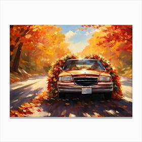 Autumnal Landscape Autumnal Leaves Cascading Down As A Car Adorned With Holiday Wreaths And Ribbon (3) Canvas Print