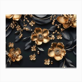 3d Artwork Illustration Background with Golden Jewelry and Flowers in Black Design 2 Canvas Print