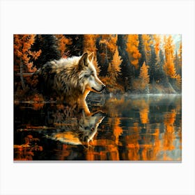 Autumn Wolf - Wolf In Water Canvas Print
