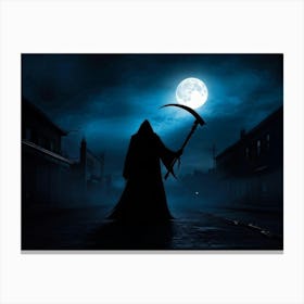 Silhouette Of A Sinister Reaper Scythe Raised Standing Against A Backdrop Of A Full Moon On Hallow (4) Canvas Print