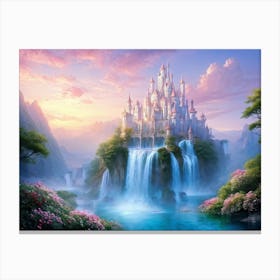 Dreamy Castle Adrift Among Floating Islands Pastel Hued Waterfalls Cascading Down The Sides Surrea Canvas Print