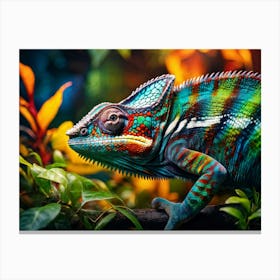 Chameleon Changing Hues Against A Backdrop Bursting With Tropical Foliage Texture Emphasizing Scale Canvas Print