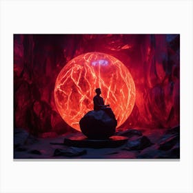 Dimly lit cavernous underground chamber with a colossal obsidian throne Canvas Print