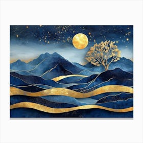 3d Modern Blue Night Landscape with Dark Mountains, Giant Golden Tree and Gold Canvas Print