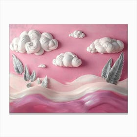 Pastel Pink 3d Expressionist Art with Silver Feathers Serene Clouds and Unique Hills Design Canvas Print