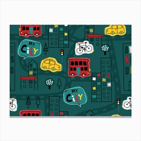 Seamless Pattern Hand Drawn With Vehicles Buildings Road Canvas Print