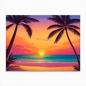 A Tranquil Beach At Sunset Horizontal Illustration 56 Canvas Print