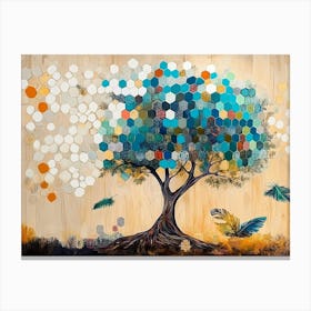 Turquoise Tree And White Lattice On Oak, With Multicolored Hexagons And Feather Accents 2 Canvas Print