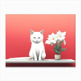 White Cat With Flowers Canvas Print