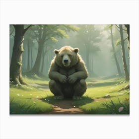 Illustration Of A Brown Bear Sitting In A Sunny Forest Clearing With Flowers And A Path Canvas Print