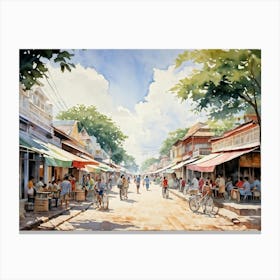 A Young Adventurer Meanders Through The Bustling Streets Of A Summer Town In Thailand Pastel Colore (6) Canvas Print