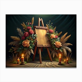 Blank Canvas On Easel With Floral Arrangement And Candles Canvas Print