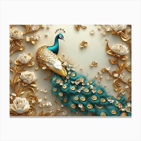 3d peacock art with golden jewelry and flowers Canvas Print