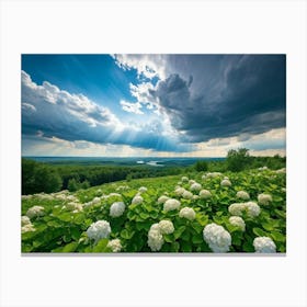 A Vast Landscape View Under A Dramatic Cloudscape Cumulus Clouds Towering Sunlight Battling The Ov Canvas Print