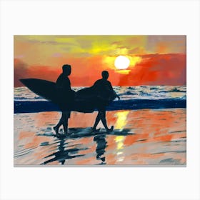 Surfing on the beach in the beautiful evening oil painting Canvas Print