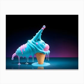 A Melting Blue Ice Cream Cone With Pink Accents, Dripping Onto A Reflective Blue Surface Against A Black Background Canvas Print