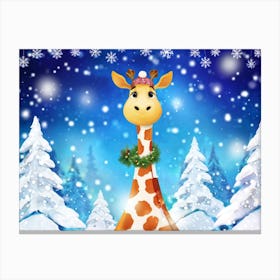 Giraffe Adorned With A Jingle Bell Collar Standing Amidst A Snow Draped Forest Pine Trees Decked W Canvas Print