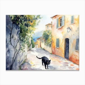 Black Cat In Reggio Calabria, Italy, Street Art Watercolour Painting 3 Canvas Print