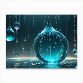 A Large, Blue Water Droplet Suspended Above A Reflective Surface With Smaller Droplets Falling, Creating A Sense Of Depth And Tranquility Canvas Print