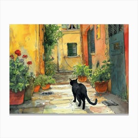 Black Cat In Caserta, Italy, Street Art Watercolour Painting 1 Canvas Print