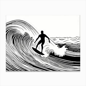 Linocut Black And White Surfer On A Wave art, surfing art, 270 Canvas Print