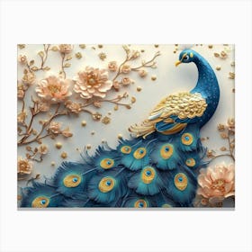 3d Peacock Illustration Background With Golden Jewelry And Flowers Canvas Print