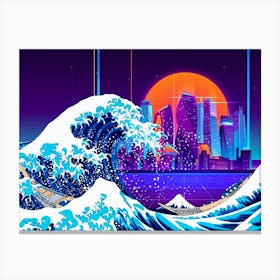 Synthwave Space: The Great Wave off Kanagawa & City [synthwave/vaporwave/cyberpunk] — aesthetic poster, retrowave poster, neon poster 1 Canvas Print