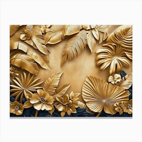 3d Tropical Leaves Art Background Golden 2 Canvas Print