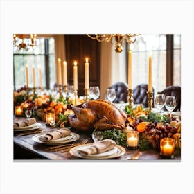 A Sumptuous Thanksgiving Banquet Showcasing A Centerpiece Of Succulent Fresh Roasted Turkey Surrou (3) Canvas Print